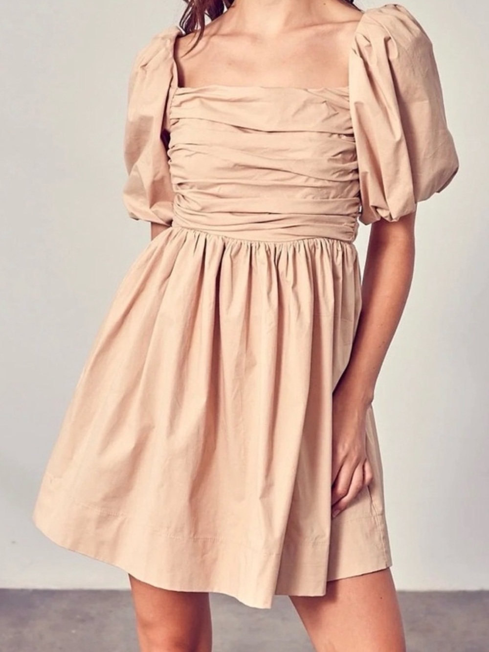DO+BE Tan Puff-Sleeve Ruched Square Neck Mini Dress